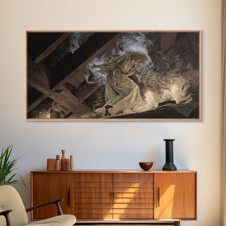 The Attic Whisperer, Visionary Gothic Art, Wide Panoramic Art, Dark Fantasy Wall Art, Framed Canvas Print, Halloween Wall Art