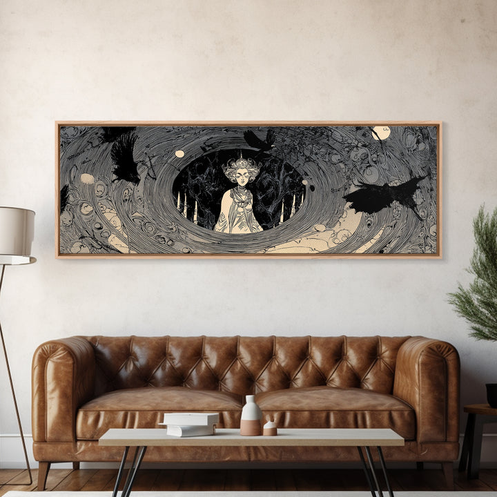 The Attic Whisperer, Decadent Line Art, Extra Wide Wall Art, Macabre Wall Art, Framed Canvas Print, Halloween Wall Art