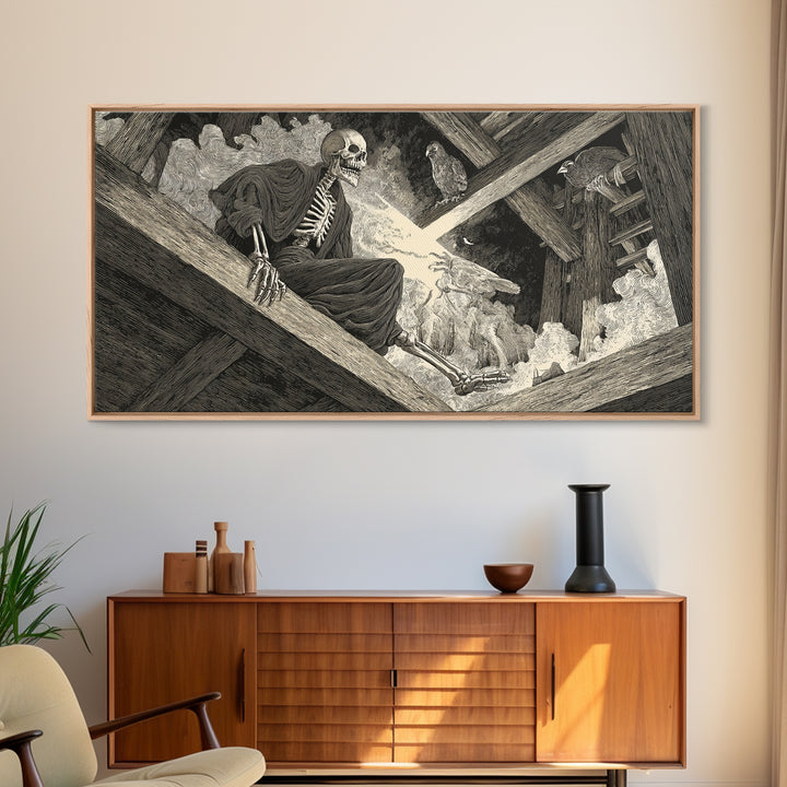 The Attic Whisperer, Macabre Folk Print Art, Wide Panoramic Art, Dark Halloween Decor, Framed Canvas Print, Halloween Wall Art