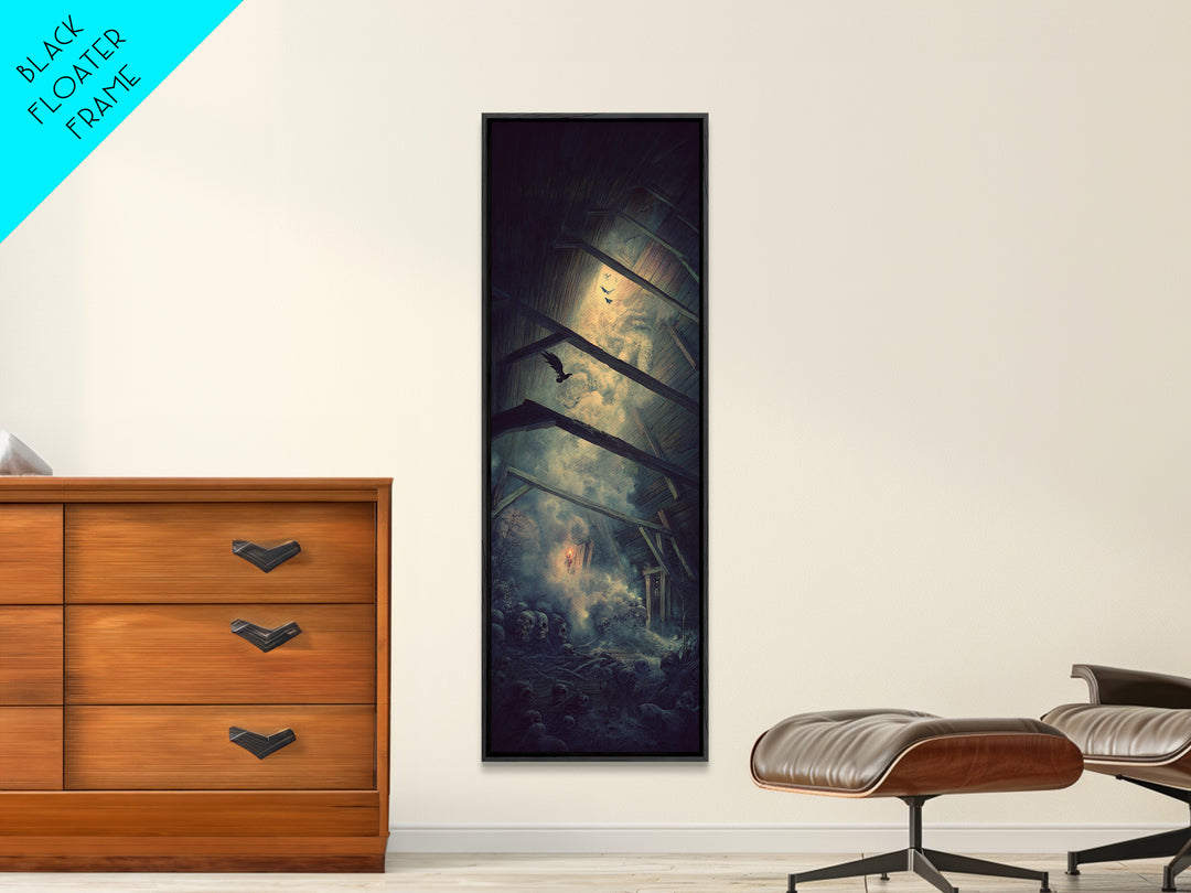 The Attic Whisperer, Surreal Apocalyptic Art, Tall Narrow Wall Art, Gothic Horror Wall Art, Framed Canvas Print, Halloween Wall Art