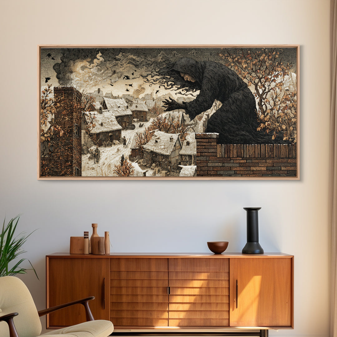 The Chimney Phantom, Northern Renaissance Horror, Wide Panoramic Art, Dark Fantasy Wall Art, Canvas Print, Halloween Wall Art