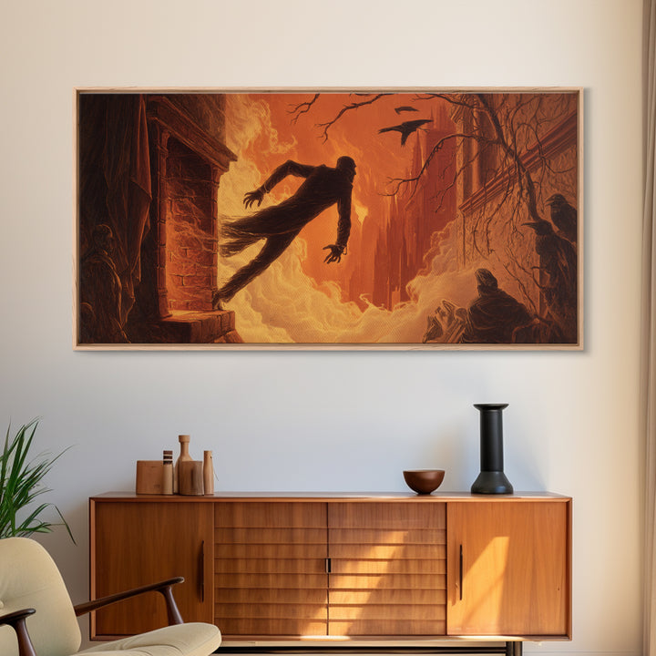 The Chimney Phantom, Apocalyptic Romantic Art, Wide Panoramic Art, Macabre Wall Art, Framed Canvas Print, Halloween Wall Art