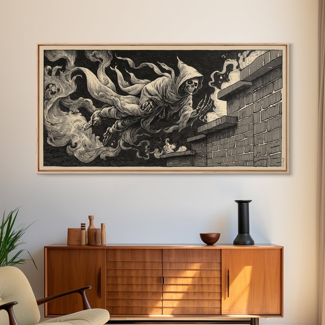 The Chimney Phantom, Macabre Folk Print Art, Wide Panoramic Art, Macabre Wall Art, Framed Canvas Print, Halloween Wall Art