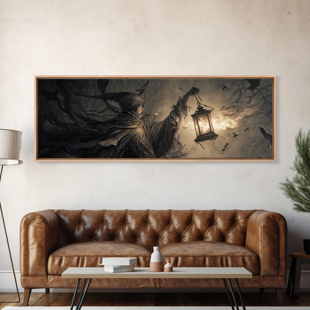 The Lantern Specter, Medieval Grotesque Art, Extra Wide Wall Art, Macabre Wall Art, Framed Canvas Print, Halloween Wall Art