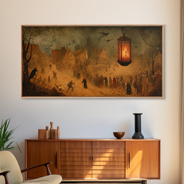 The Lantern Specter, Northern Renaissance Horror, Wide Panoramic Art, Dark Fantasy Wall Art, Canvas Print, Halloween Wall Art