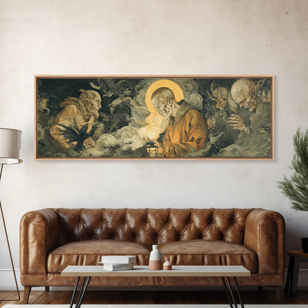 The Lantern Specter, Dark Renaissance Art, Extra Wide Wall Art, Dark Halloween Decor, Framed Canvas Print, Halloween Wall Art