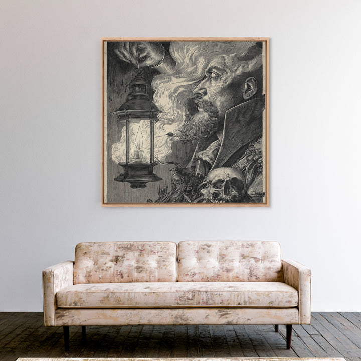 The Lantern Specter, Renaissance Engraving Art, Square Wall Art, Macabre Wall Art, Canvas Print, Halloween Wall Art, Horror Wall Art