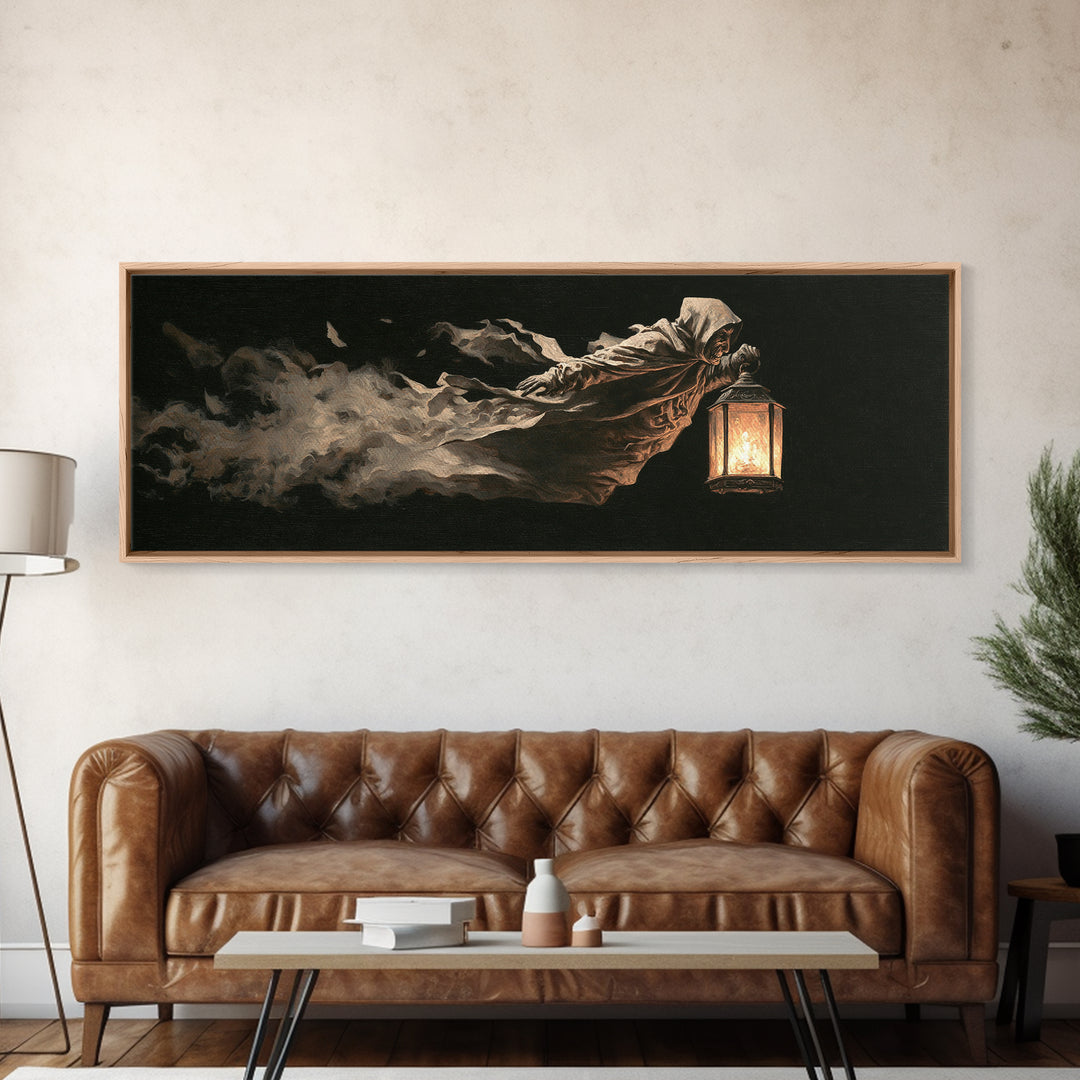 The Lantern Specter, Dark Romantic Horror Art, Extra Wide Wall Art, Dark Fantasy Wall Art, Canvas Print, Halloween Wall Art