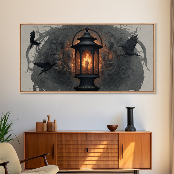 The Lantern Specter, Visionary Gothic Art, Wide Panoramic Art, Dark Fantasy Wall Art, Framed Canvas Print, Halloween Wall Art