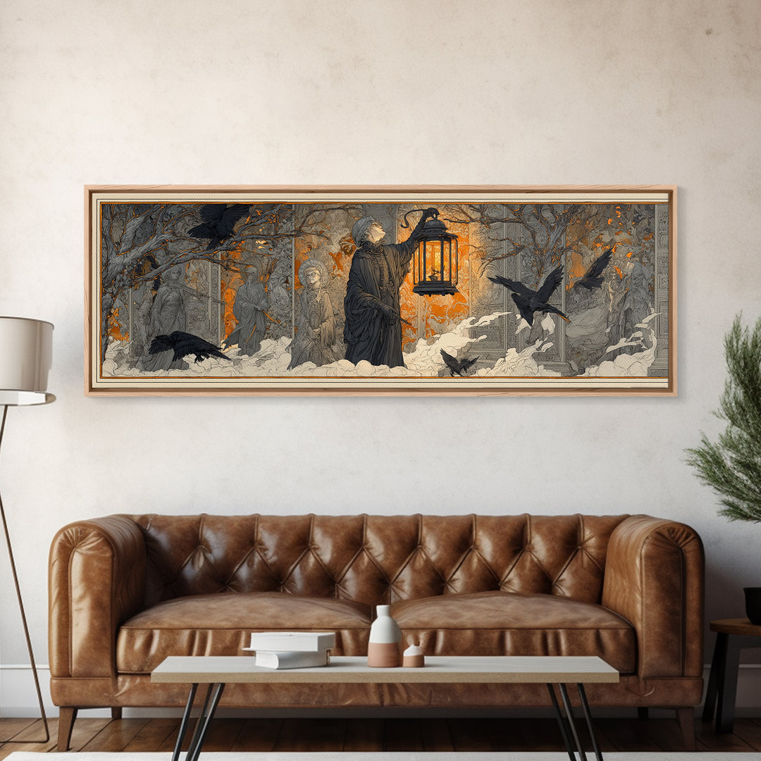 The Lantern Specter, Symbolist Death Art, Extra Wide Wall Art, Macabre Wall Art, Canvas Print, Halloween Wall Art, Spooky Wall Decor