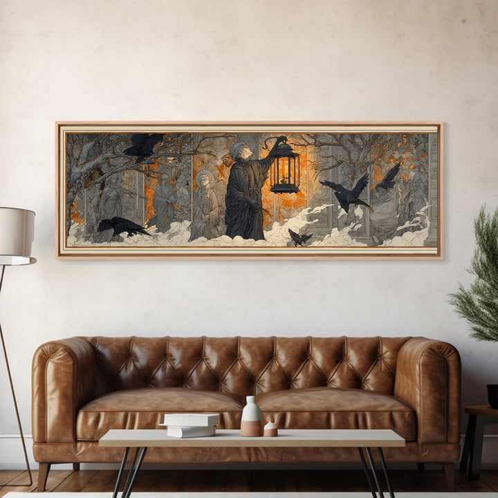The Lantern Specter, Symbolist Death Art, Extra Wide Wall Art, Macabre Wall Art, Canvas Print, Halloween Wall Art, Spooky Wall Decor