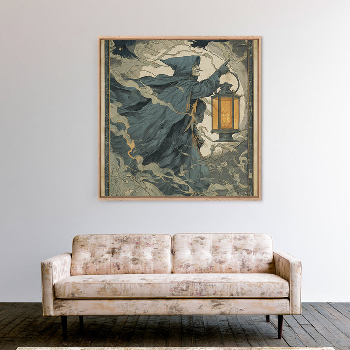 The Lantern Specter, Symbolist Etching Art, Square Wall Art, Dark Fantasy Wall Art, Canvas Print, Halloween Wall Art, Seasonal Home Decor