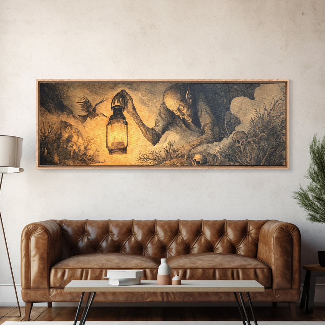 The Lantern Specter, Expressionist Nightmare Art, Extra Wide Wall Art, Macabre Wall Art, Framed Canvas Print, Halloween Wall Art