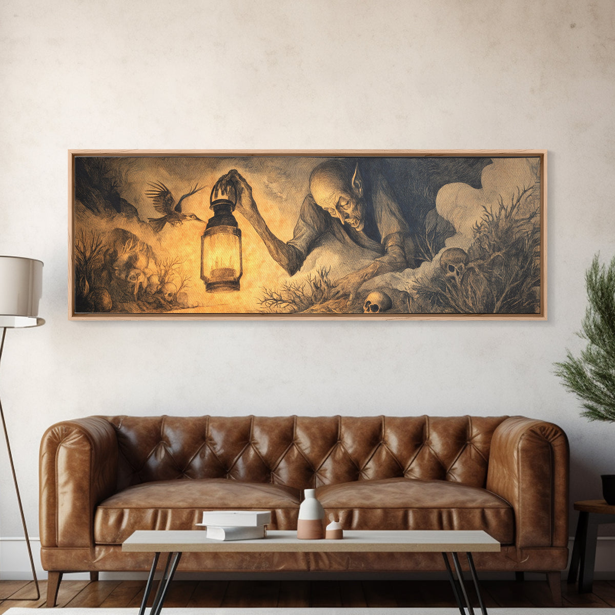 The Lantern Specter, Expressionist Nightmare Art, Extra Wide Wall Art, Macabre Wall Art, Framed Canvas Print, Halloween Wall Art