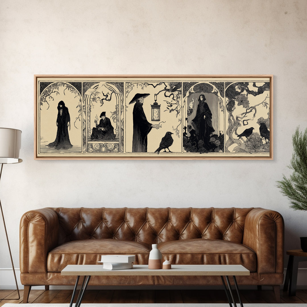 The Lantern Specter, Decadent Line Art, Extra Wide Wall Art, Macabre Wall Art, Framed Canvas Print, Halloween Wall Art