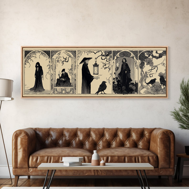 The Lantern Specter, Decadent Line Art, Extra Wide Wall Art, Macabre Wall Art, Framed Canvas Print, Halloween Wall Art