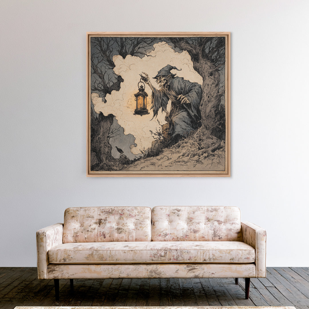 The Lantern Specter, Gothic Storybook Art, Square Wall Art, Macabre Wall Art, Framed Canvas Print, Halloween Wall Art