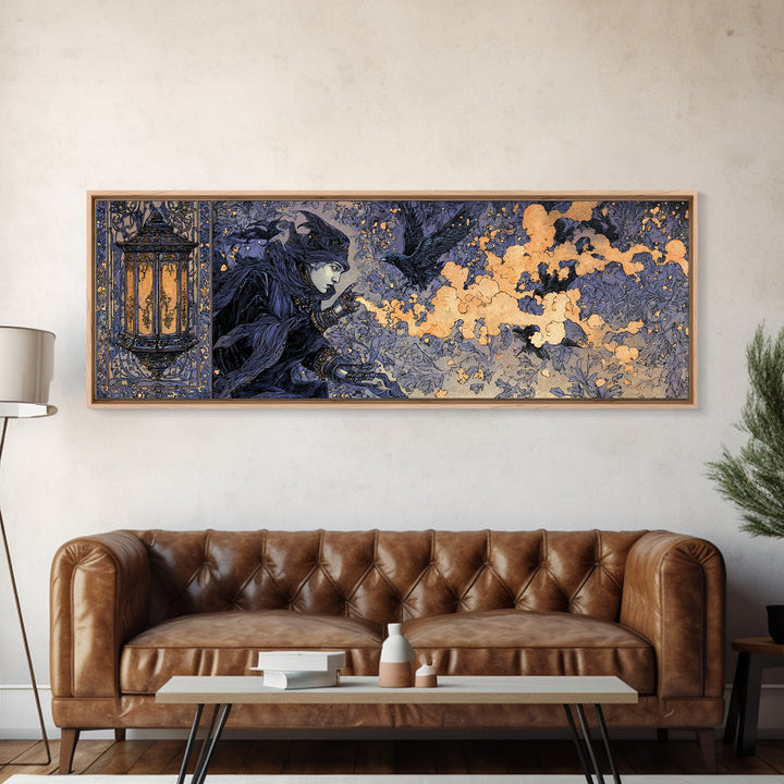 The Lantern Specter, Stained Glass Gothic Art, Extra Wide Wall Art, Dark Halloween Decor, Canvas Print, Halloween Wall Art
