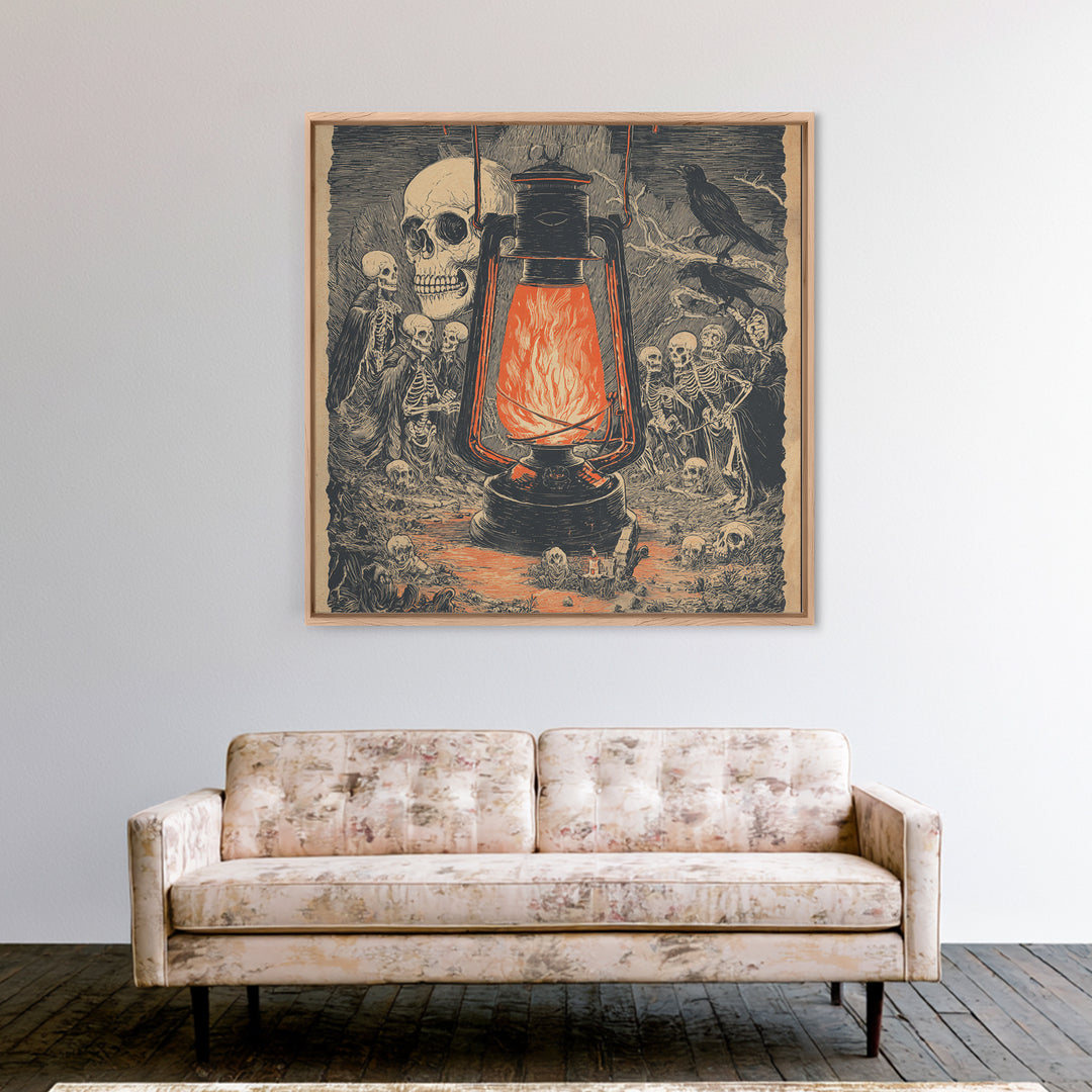 The Lantern Specter, Macabre Folk Print Art, Square Wall Art, Dark Fantasy Wall Art, Framed Canvas Print, Halloween Wall Art