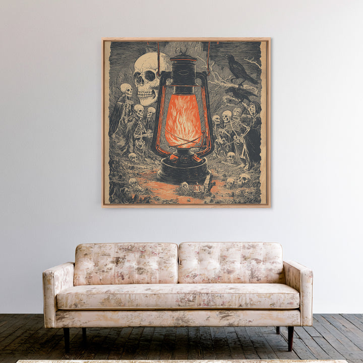 The Lantern Specter, Macabre Folk Print Art, Square Wall Art, Dark Fantasy Wall Art, Framed Canvas Print, Halloween Wall Art