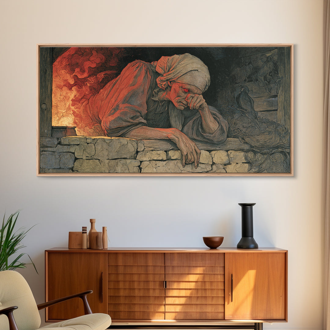 The Red-Eyed Night Hag, Dark Renaissance Art, Wide Panoramic Art, Dark Fantasy Wall Art, Framed Canvas Print, Halloween Wall Art