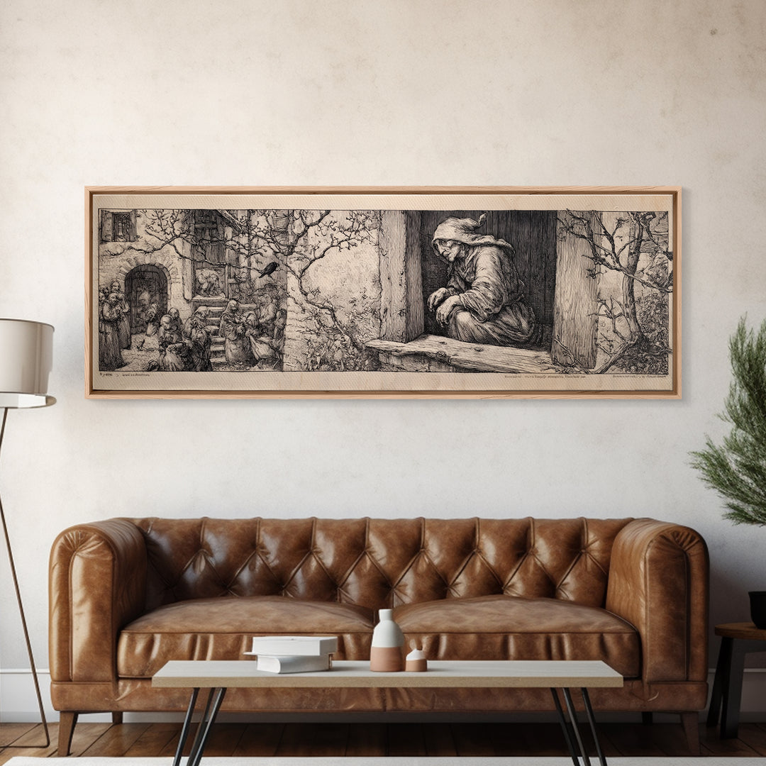 The Red-Eyed Night Hag, Renaissance Engraving Art, Extra Wide Wall Art, Gothic Horror Wall Art, Canvas Print, Halloween Wall Art