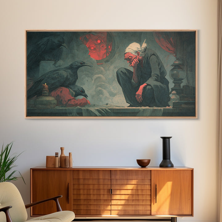 The Red-Eyed Night Hag, Gothic Nightmare Art, Wide Panoramic Art, Dark Fantasy Wall Art, Canvas Print, Halloween Wall Art