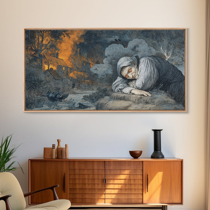 The Red-Eyed Night Hag, Visionary Gothic Art, Wide Panoramic Art, Gothic Horror Wall Art, Framed Canvas Print, Halloween Wall Art