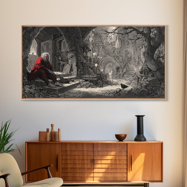 The Red-Eyed Night Hag, Architectural Etching Art, Wide Panoramic Art, Macabre Wall Art, Canvas Print, Halloween Wall Art