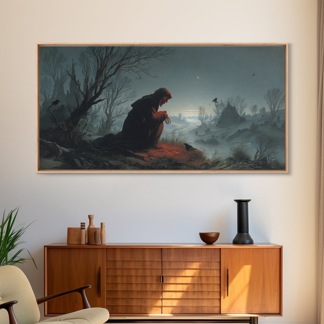 The Red-Eyed Night Hag, Romantic Gothic Landscape, Wide Panoramic Art, Dark Halloween Decor, Canvas Print, Halloween Wall Art