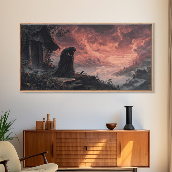 The Red-Eyed Night Hag, Apocalyptic Romantic Art, Wide Panoramic Art, Dark Halloween Decor, Canvas Print, Halloween Wall Art
