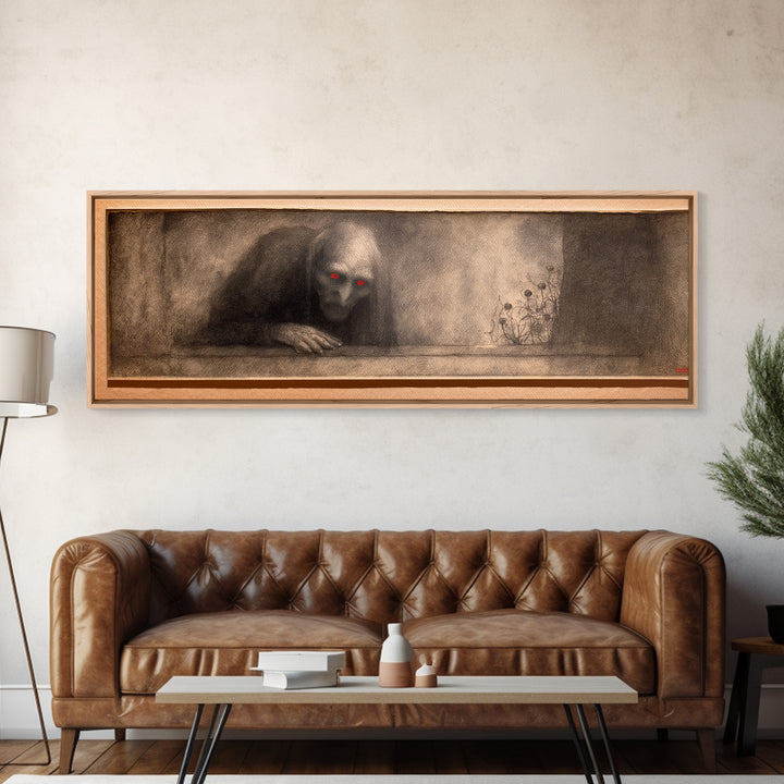 The Red-Eyed Night Hag, Symbolist Dream Art, Extra Wide Wall Art, Dark Halloween Decor, Framed Canvas Print, Halloween Wall Art
