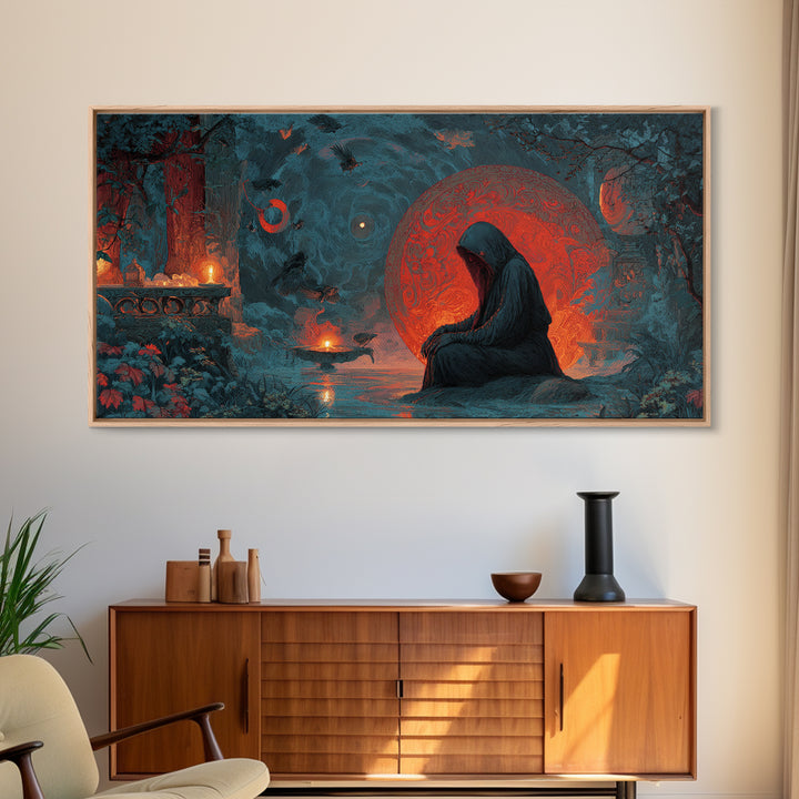 The Red-Eyed Night Hag, Symbolist Gothic Landscape, Wide Panoramic Art, Dark Halloween Decor, Canvas Print, Halloween Wall Art