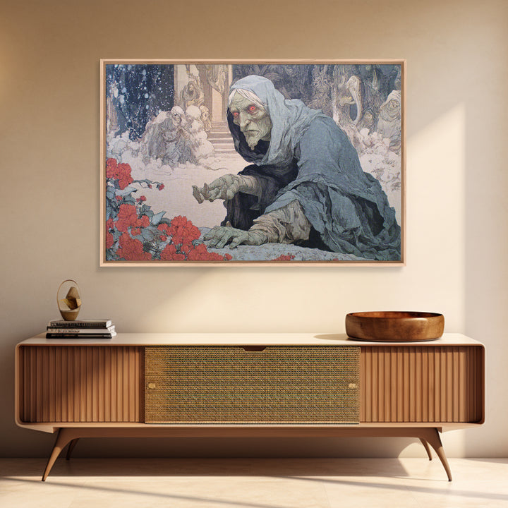 The Red-Eyed Night Hag, Symbolist Death Art, Landscape Wall Art, Gothic Horror Wall Art, Framed Canvas Print, Halloween Wall Art