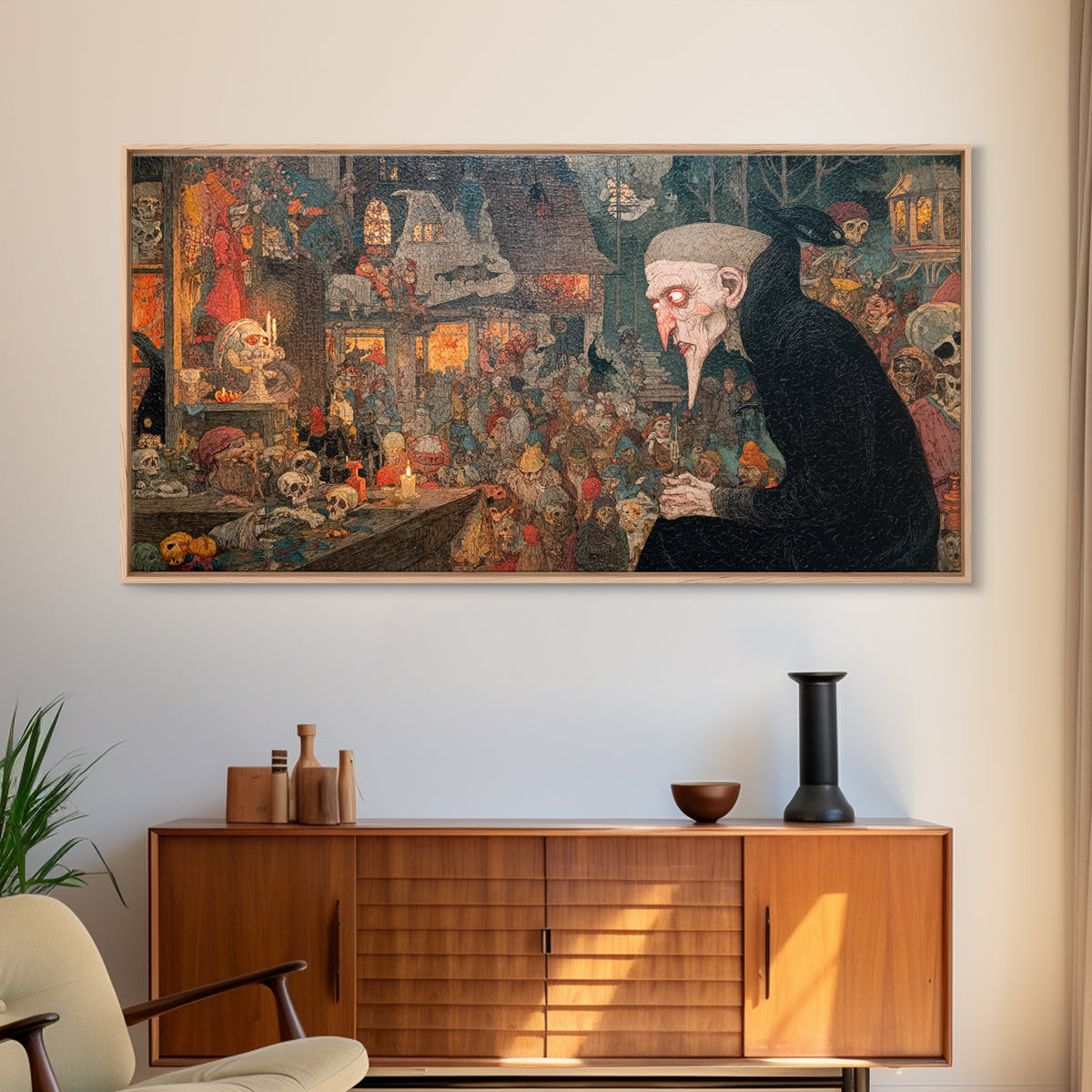 The Red-Eyed Night Hag, Grotesque Carnival Art, Wide Panoramic Art, Gothic Horror Wall Art, Framed Canvas Print, Halloween Wall Art