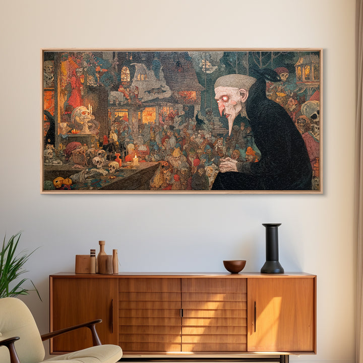 The Red-Eyed Night Hag, Grotesque Carnival Art, Wide Panoramic Art, Gothic Horror Wall Art, Framed Canvas Print, Halloween Wall Art