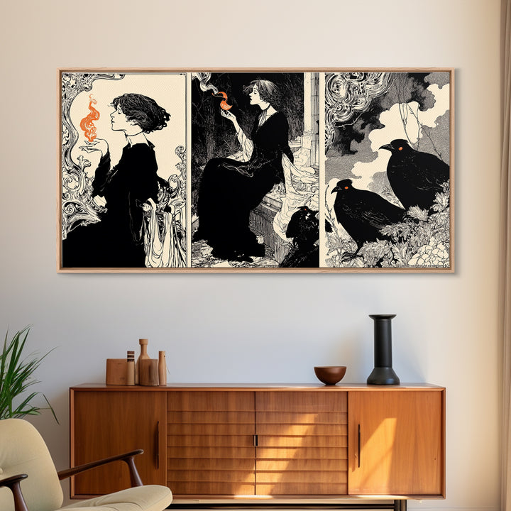 The Red-Eyed Night Hag, Decadent Line Art, Wide Panoramic Art, Dark Fantasy Wall Art, Framed Canvas Print, Halloween Wall Art