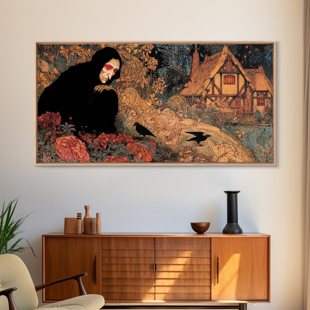The Red-Eyed Night Hag, Stained Glass Gothic Art, Wide Panoramic Art, Dark Fantasy Wall Art, Canvas Print, Halloween Wall Art