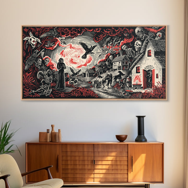 The Red-Eyed Night Hag, Macabre Folk Print Art, Wide Panoramic Art, Gothic Horror Wall Art, Canvas Print, Halloween Wall Art