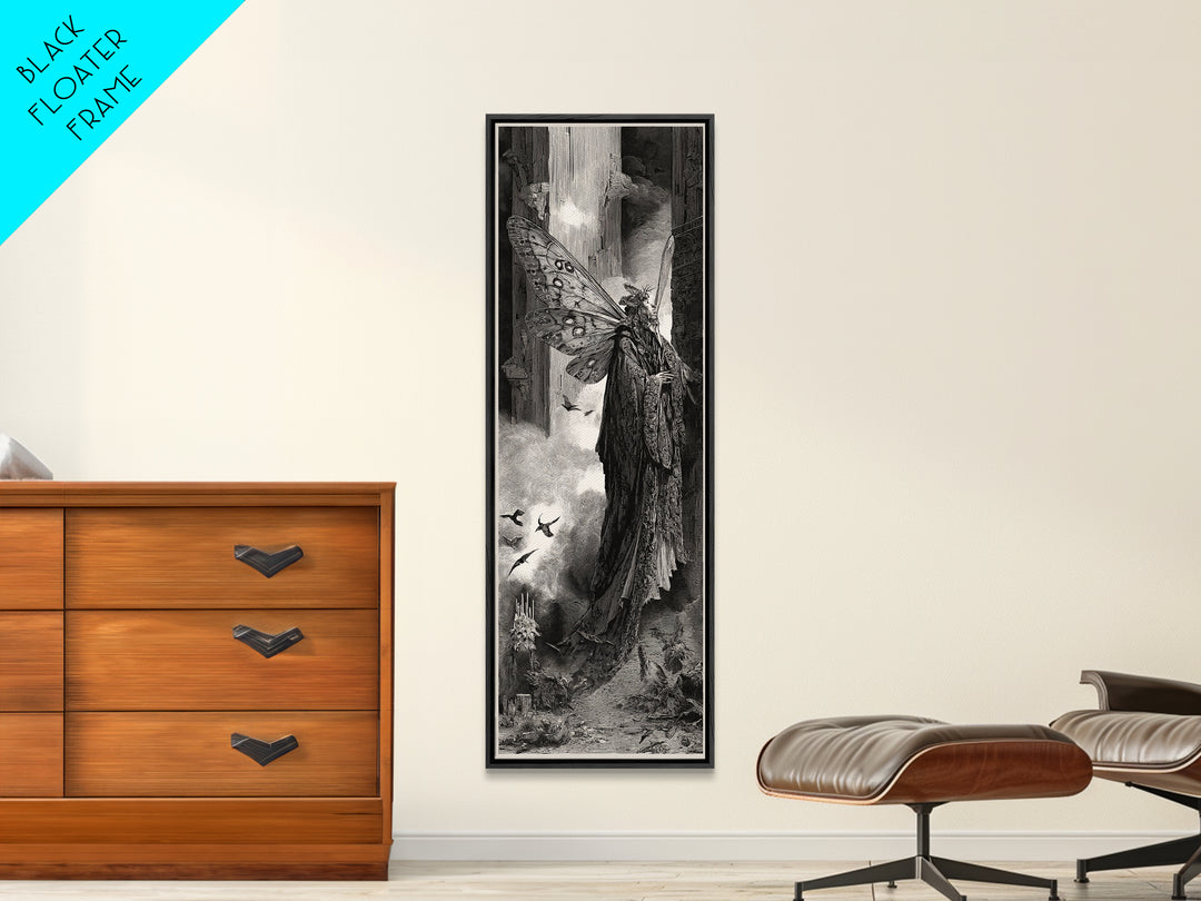 The Velvet Moth Witch, Gothic Engraving Art, Tall Narrow Wall Art, Gothic Horror Wall Art, Canvas Print, Halloween Wall Art