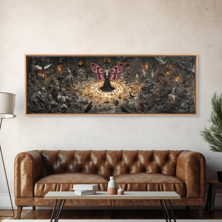 The Velvet Moth Witch, Medieval Grotesque Art, Extra Wide Wall Art, Dark Halloween Decor, Canvas Print, Halloween Wall Art
