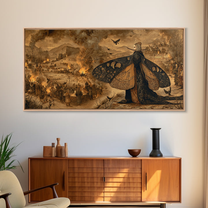 The Velvet Moth Witch, Northern Renaissance Horror, Wide Panoramic Art, Gothic Horror Wall Art, Framed Canvas Print