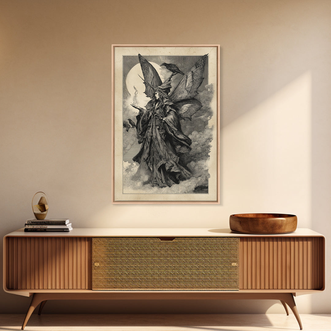 The Velvet Moth Witch, Renaissance Engraving Art, Vertical Wall Art, Gothic Horror Wall Art, Framed Canvas Print, Halloween Wall Art