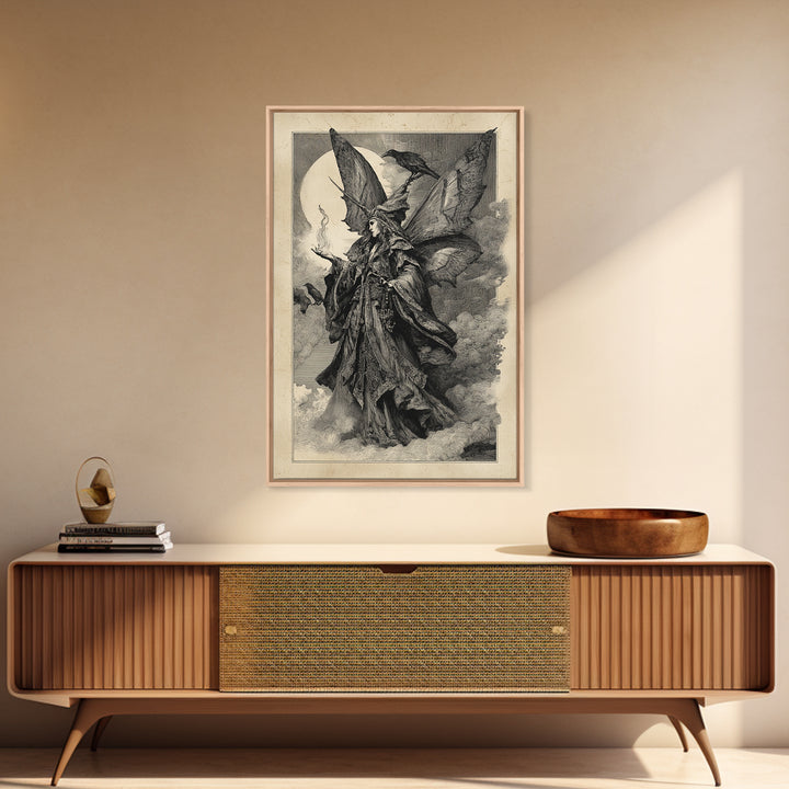 The Velvet Moth Witch, Renaissance Engraving Art, Vertical Wall Art, Gothic Horror Wall Art, Framed Canvas Print, Halloween Wall Art
