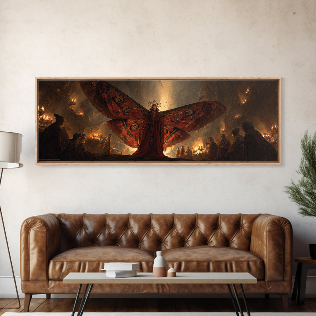 The Velvet Moth Witch, Apocalyptic Romantic Art, Extra Wide Wall Art, Macabre Wall Art, Framed Canvas Print, Halloween Wall Art