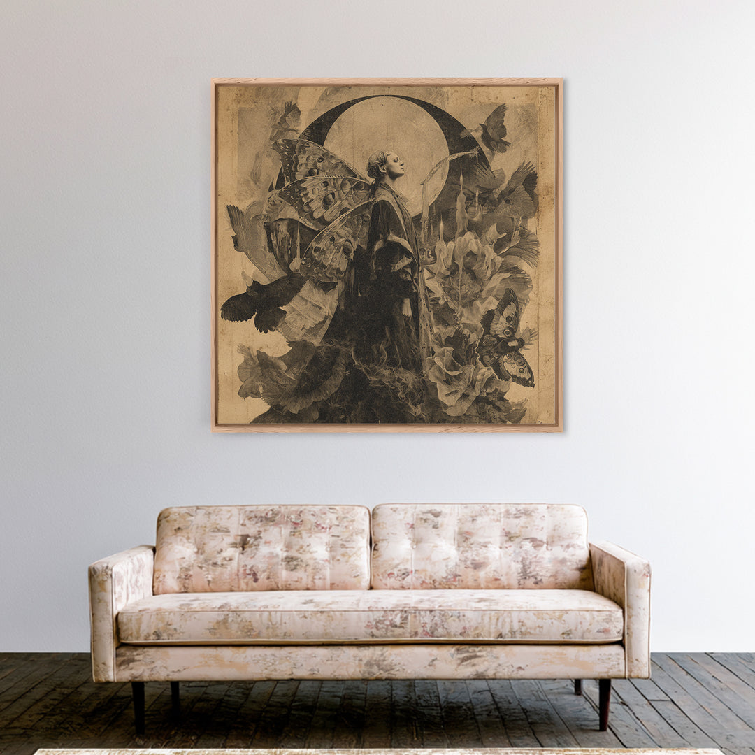 The Velvet Moth Witch, Symbolist Dream Art, Square Wall Art, Dark Fantasy Wall Art, Framed Canvas Print, Halloween Wall Art