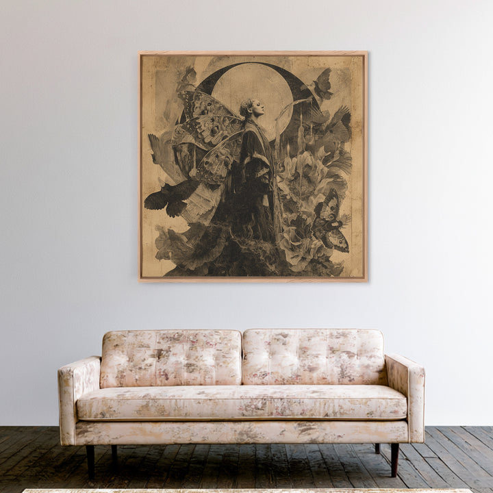 The Velvet Moth Witch, Symbolist Dream Art, Square Wall Art, Dark Fantasy Wall Art, Framed Canvas Print, Halloween Wall Art