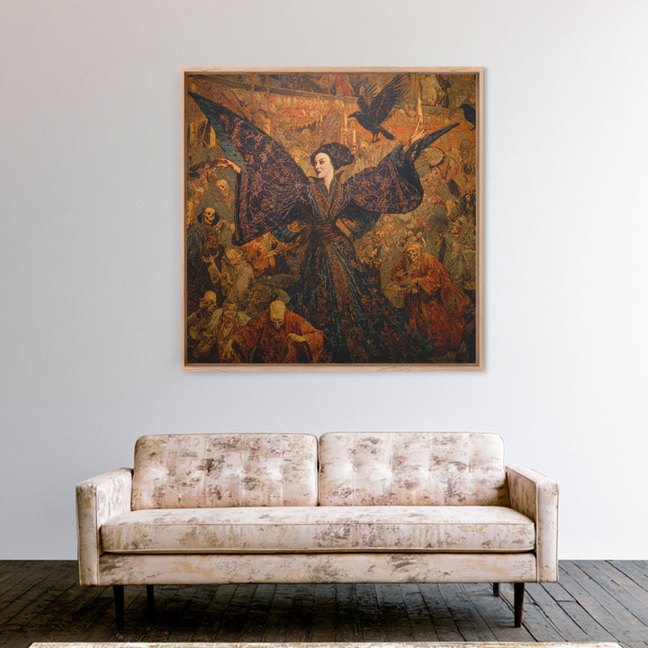 The Velvet Moth Witch, Grotesque Carnival Art, Square Wall Art, Dark Halloween Decor, Framed Canvas Print, Halloween Wall Art