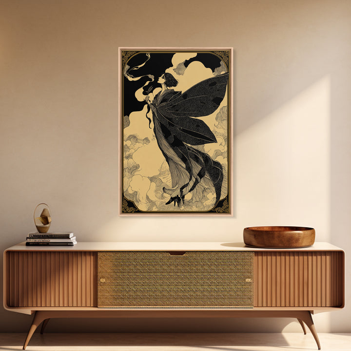 The Velvet Moth Witch, Decadent Line Art, Vertical Wall Art, Gothic Horror Wall Art, Canvas Print, Halloween Wall Art