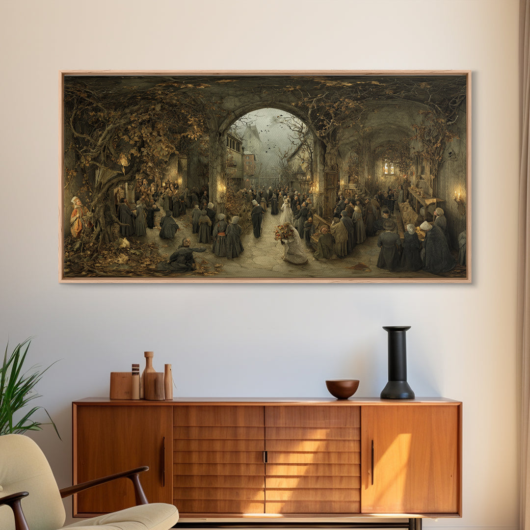 The Ghostly Groom, Northern Renaissance Horror, Wide Panoramic Art, Macabre Wall Art, Framed Canvas Print, Halloween Wall Art